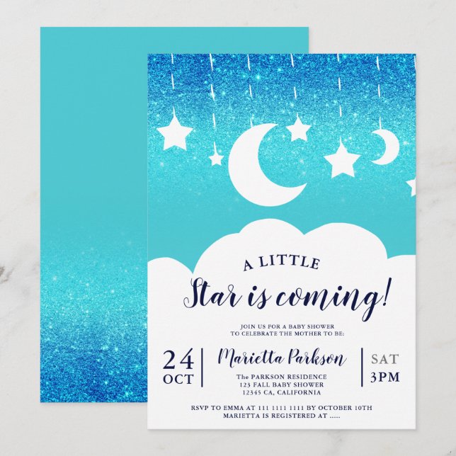 Blaue Glitzer-Sternenwolke-Babydusche Einladung (Vorne/Hinten)