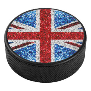 Blaue Glitzern unter der Flagge des Vereinigten Kö Eishockey Puck