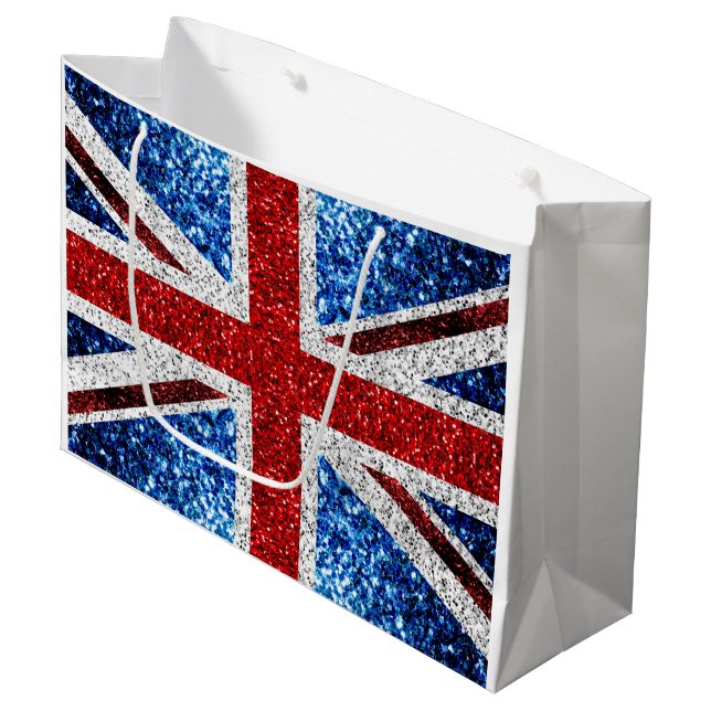 Blaue Glitzern unter der Flagge des Vereinigten Kö Große Geschenktüte (Vorderseite Schrägansicht)
