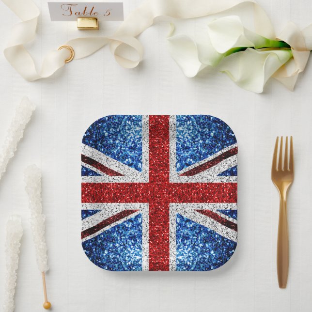 Blaue Glitzern unter der Flagge des Vereinigten Kö Pappteller (Hochzeit)