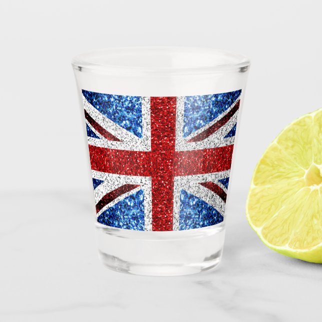 Blaue Glitzern unter der Flagge des Vereinigten Kö Schnapsglas (Vorderseite)