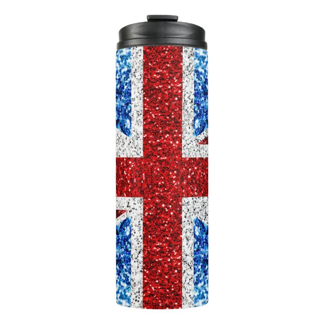 Blaue Glitzern unter der Flagge des Vereinigten Kö Thermosbecher (Vorderseite)