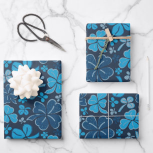 Blaue Glückskleeblätter St. Patrick`s Tag Geschenkpapier Set