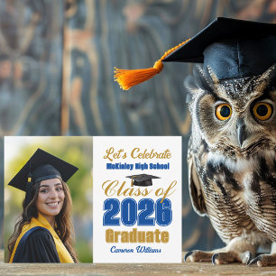 Blaue Gold-Abschlussklasse 2026 Foto-Abschlussfeie Einladung