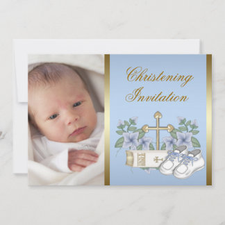 Blaue Gold Baby Jungen Foto Tauf Einladungen