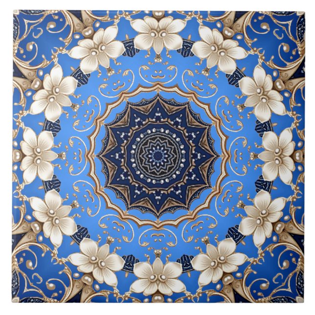 Blaue Gold Blumen Keramikfliese (Vorderseite)