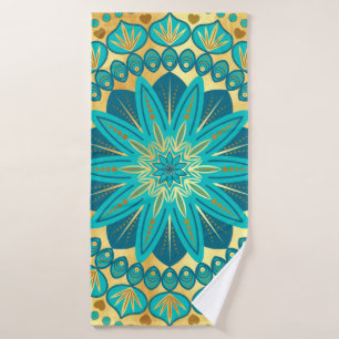 Blaue Gold-Blumen-Mandala Badehandtuch
