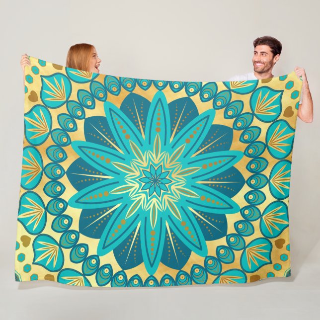 Blaue Gold-Blumen-Mandala Fleecedecke (Beispiel)