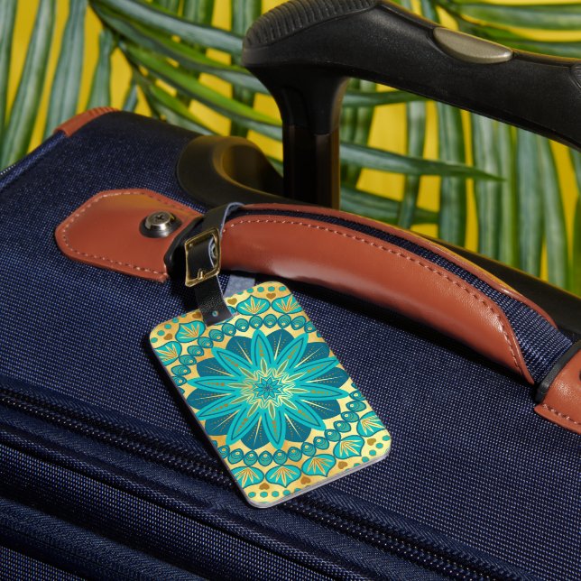Blaue Gold-Blumen-Mandala Gepäckanhänger (Vorderseite Insitu 1)