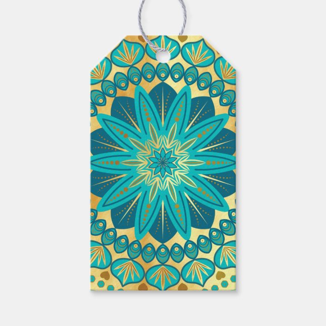 Blaue Gold-Blumen-Mandala Geschenkanhänger (Vorderseite)