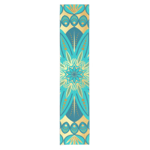 Blaue Gold-Blumen-Mandala Kurzer Tischläufer