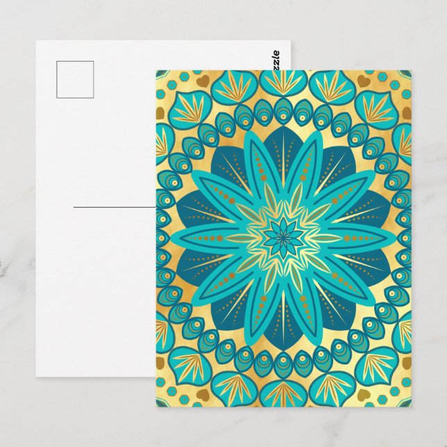Blaue Gold-Blumen-Mandala Postkarte (Vorne/Hinten)