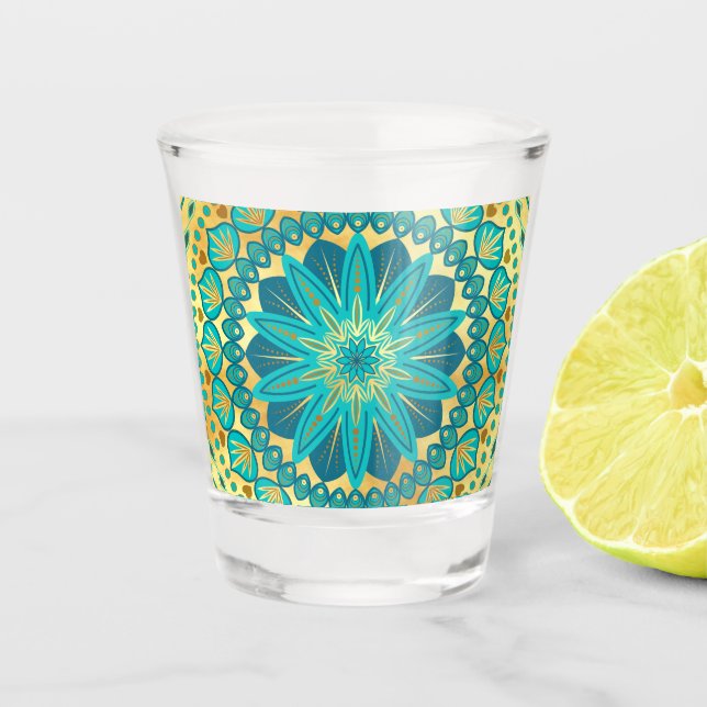 Blaue Gold-Blumen-Mandala Schnapsglas (Vorderseite)