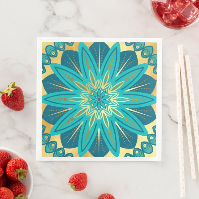 Blaue Gold-Blumen-Mandala Serviette (Beispiel)
