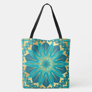 Blaue Gold-Blumen-Mandala Tasche
