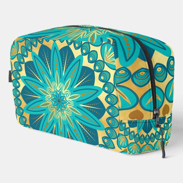 Blaue Gold-Blumen-Mandala Waschbeutel (Rechte Ecke)