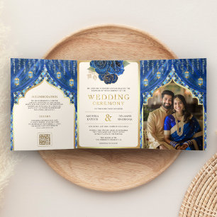 Blaue Gold Blumen Vorhang Indische Hindu Hochzeit Dreifach Gefaltete Einladung