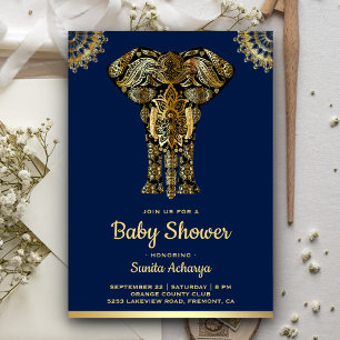 Blaue Gold-Elefanten-Baby-Party Einladung