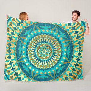 Blaue Gold-Fantasy-Mandala Fleecedecke