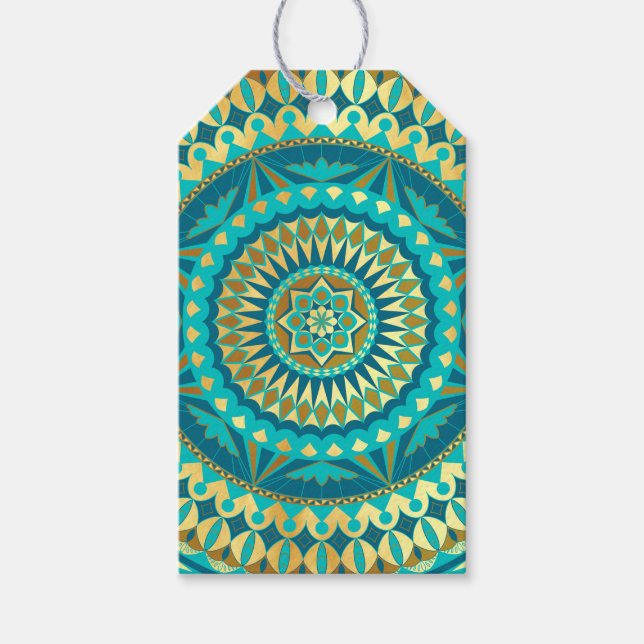 Blaue Gold-Fantasy-Mandala Geschenkanhänger (Vorderseite)