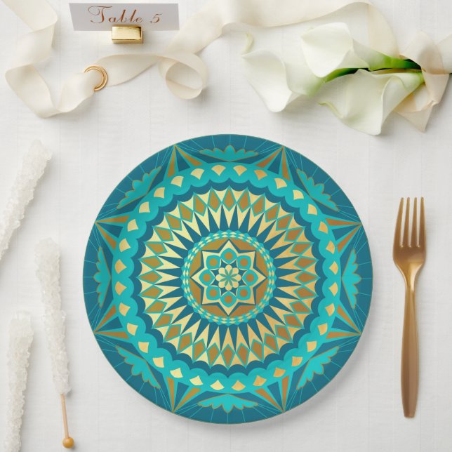Blaue Gold-Fantasy-Mandala Pappteller (Hochzeit)