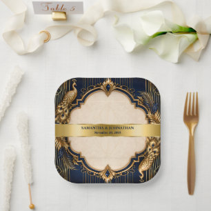 Blaue Gold Gatsby Pfau Hochzeitsessen Pappteller