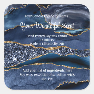 Blaue Gold Glitter Achat-Marmor-Kerzenetiketten Quadratischer Aufkleber