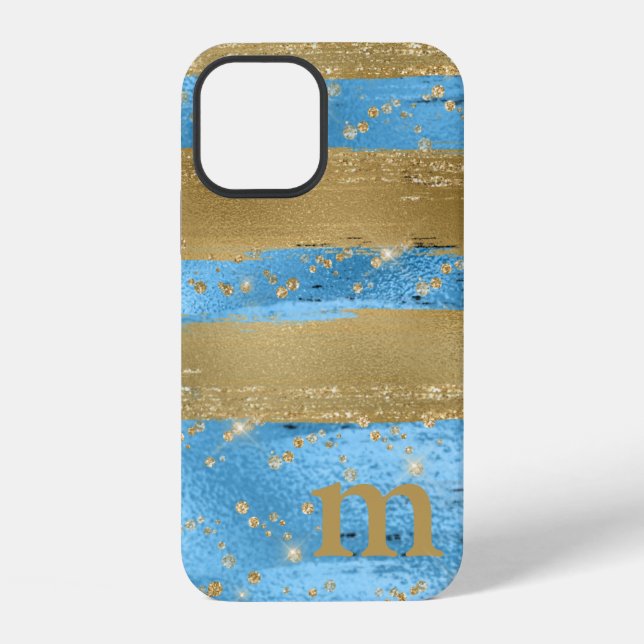 Blaue Gold Glitter Monogram Initiale iPhone 12 Hülle (Rückseite)