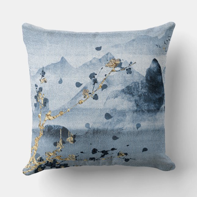 Blaue Gold Landschaft Gewebe Texturierte Pilze Kissen (Rückseite)