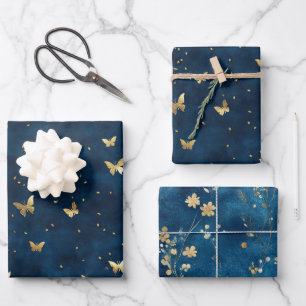 Blaue Gold Schmetterlinge Blumen Brautparty Geschenkpapier Set