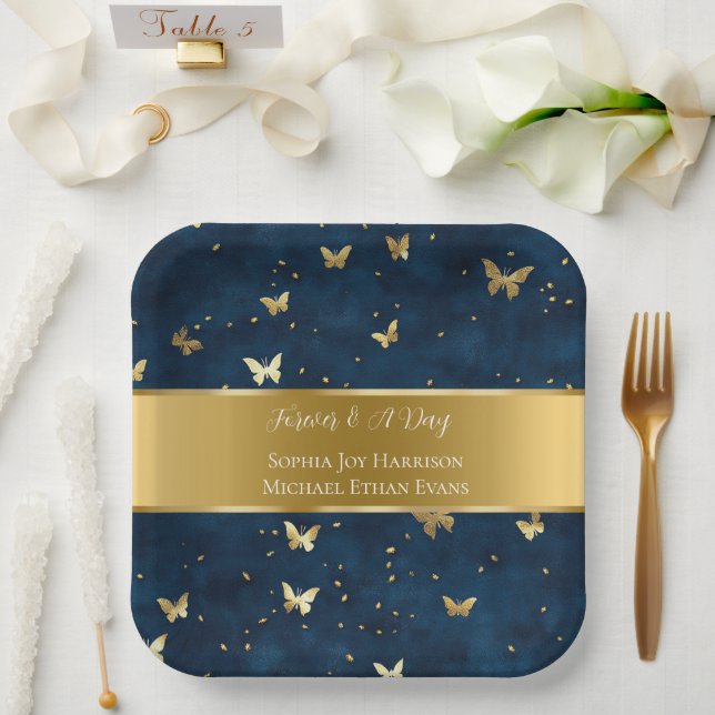 Blaue Gold Schmetterlinge Hochzeit  Pappteller (Hochzeit)