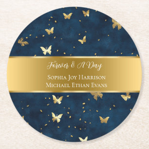 Blaue Gold Schmetterlinge Hochzeit Runder Pappuntersetzer