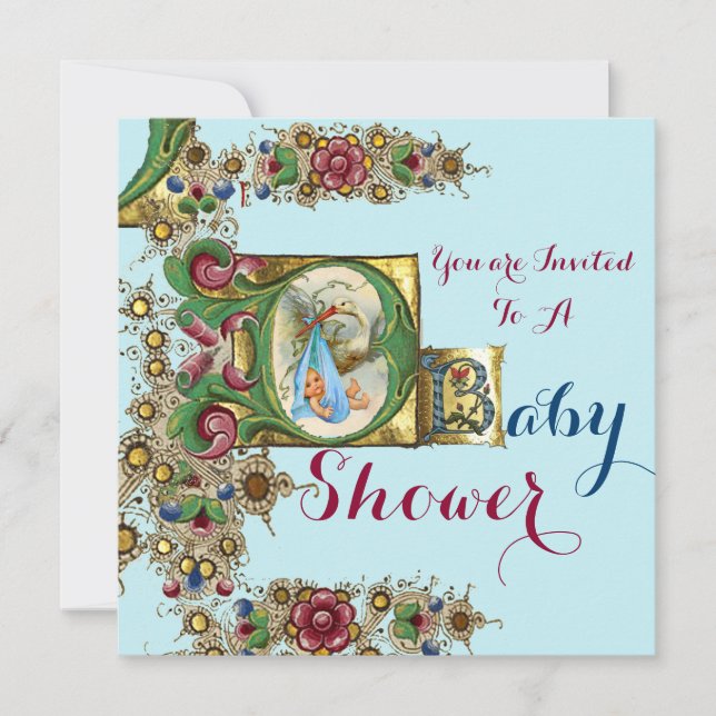 BLAUE GOLD STORK BOY BABY DUSCHE BLURALMONOGRAM EINLADUNG (Vorderseite)