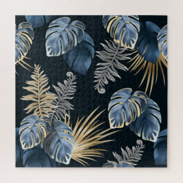 Blaue Gold-Tropen-Palmblatt-Muster-Kunst