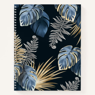 Blaue Gold-Tropen-Palmblatt-Muster-Kunst Notizbuch