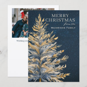 Blaue Gold-Weihnachtsbaum-Foto personalisiert Feiertagskarte