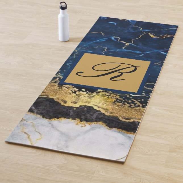 Blaue Goldbarren-Agate-Monogramm aus weißem Marmor Yogamatte (Beispiel)