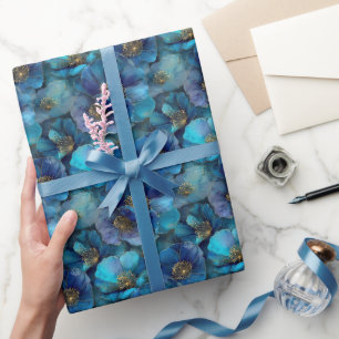 Blaue Goldene Abstrakte Aquarell-Blumen Geschenkpapier