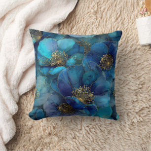 Blaue Goldene Abstrakte Aquarell-Blumen Kissen