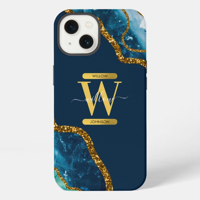 Blaue & Goldene Achat-Geoden-Monogramm   iPhone Hülle (Rückseite)