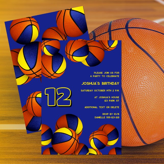Blaue goldene Basketball Kinder zum Geburtstag Einladung (front and back)