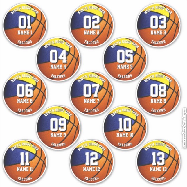 Blaue goldene Basketballmannschaft: 13 Spielername Aufkleber (Vorderseite)