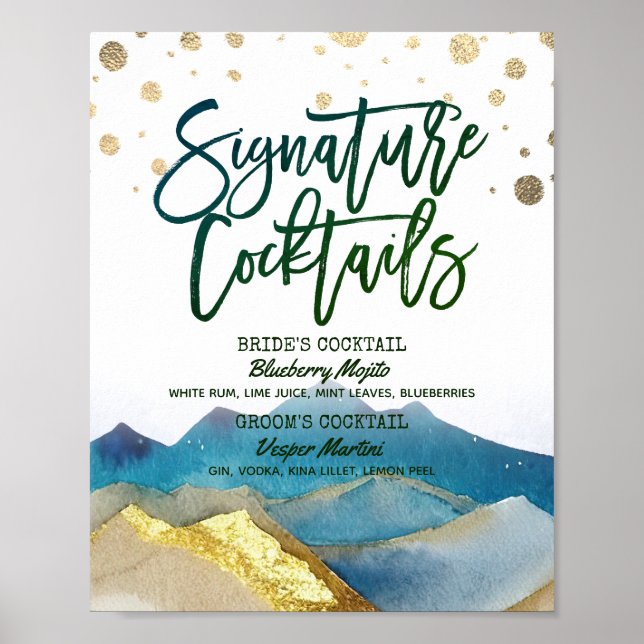 Blaue goldene Berge Hochzeit Signature Drink Menü Poster (Vorne)