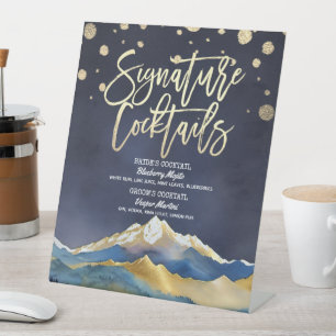 Blaue goldene Berge Hochzeit Signature Drink Menü Sockelschild
