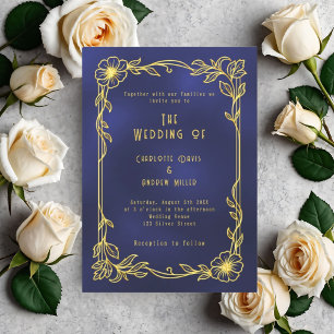 Blaue goldene Blumen Hochzeit im Vintage-Stil Einladung