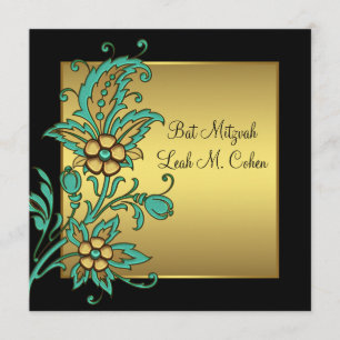 Blaue Goldene Blumen Schwarze Goldene Bat Mitzvah Einladung