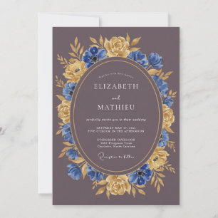 Blaue Goldene Blumige Hochzeit Einladung