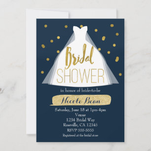 Blaue & Goldene Brautdusche Hochzeitskleid & Konfe Einladung