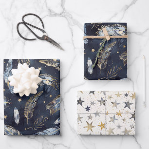 Blaue Goldene Federn Sterne Geburtstag Geschenkpapier Set