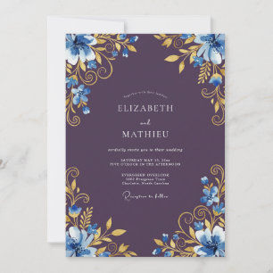 Blaue Goldene Florale Romanze Hochzeit Einladung